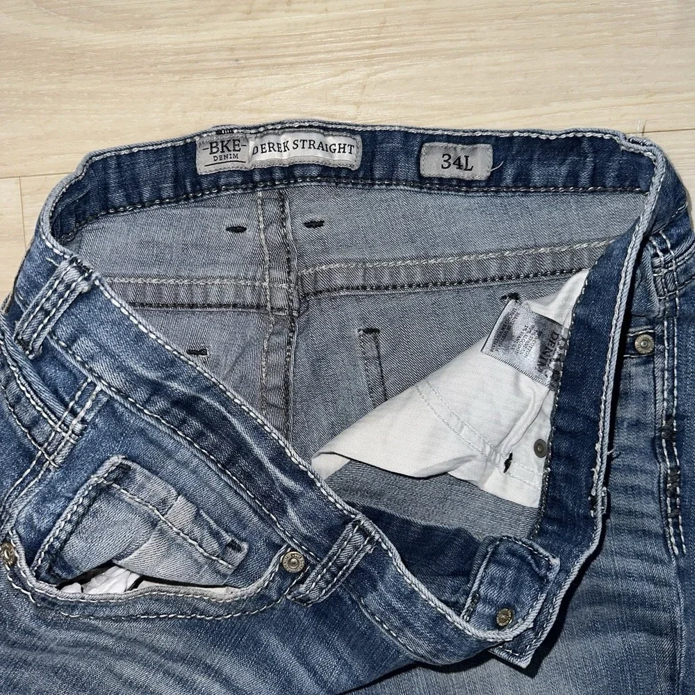 BKE Jeans Mens 34L Blue Derek Straight 36x33 Faded Whiskered Dark‎ Wash Denim